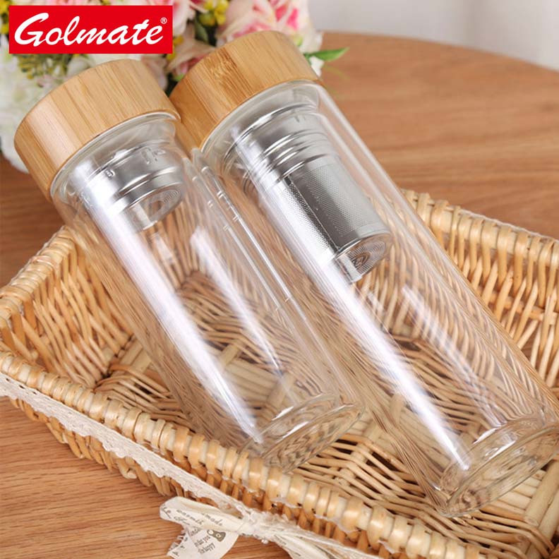 500ml Double Walled Borosilicate Glass Bamboo Lid Tea Infuser Water Bottle