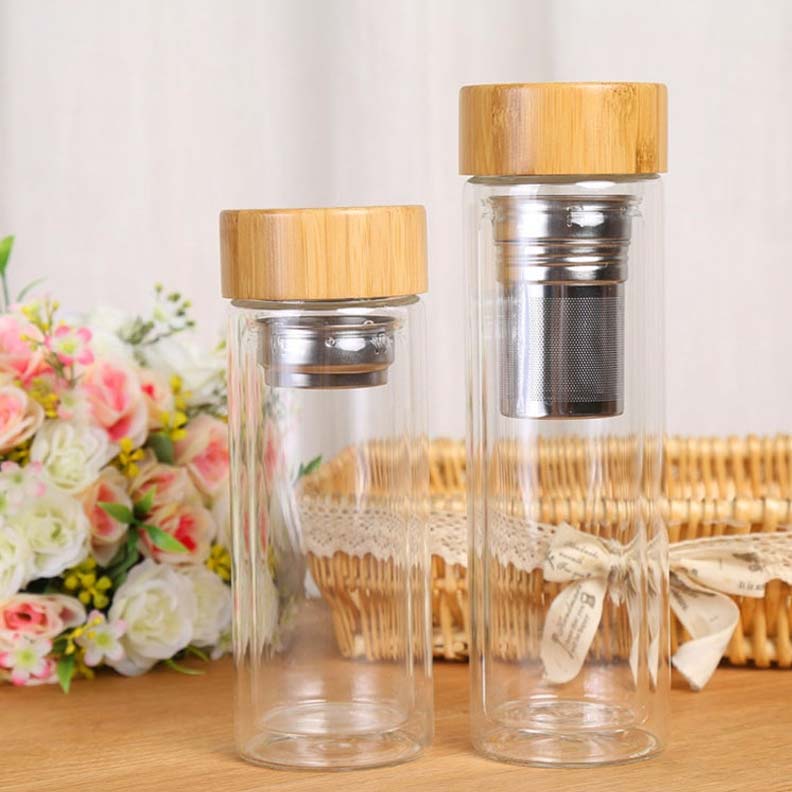 500ml Double Walled Borosilicate Glass Bamboo Lid Tea Infuser Water Bottle