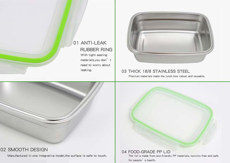 Features of Plastic Lid 18/8 Stainless Steel Liner Lunch Box Food Container Bento