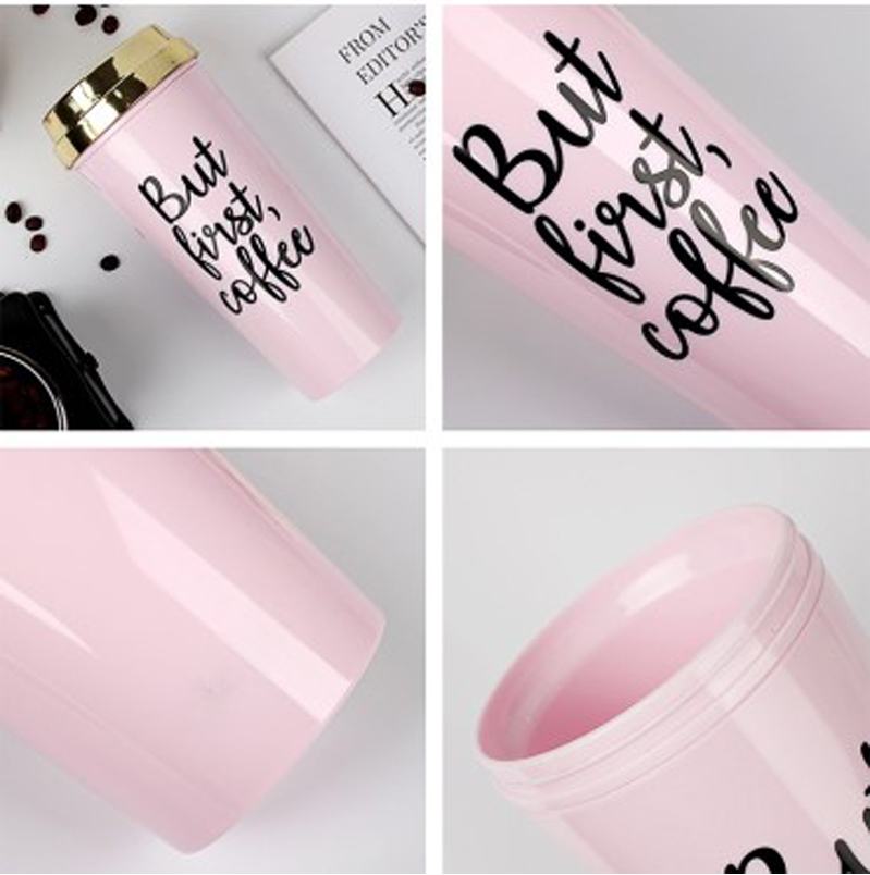 Features of Custom Leakproof Double Wall Gold And Black Plastic Custom Mug Novelty Plastic Coffee Mug with Lid