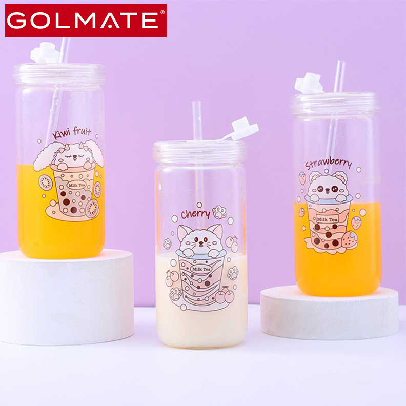 200ml Golmate Cute Pattern Glass Water Bottle With Straw