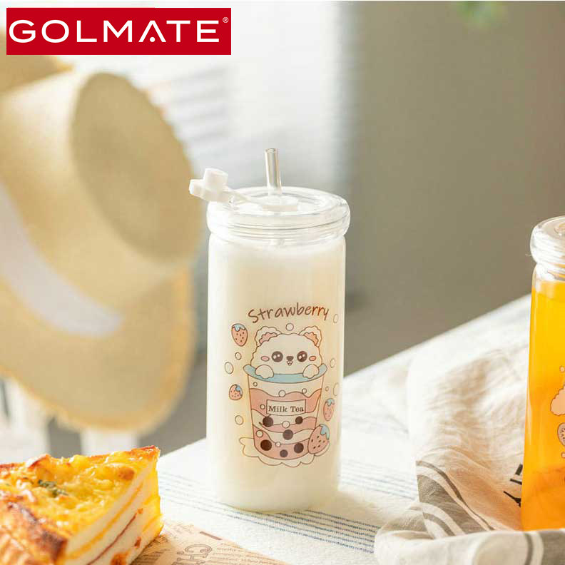 200ml Golmate Cute Pattern Glass Water Bottle With Straw