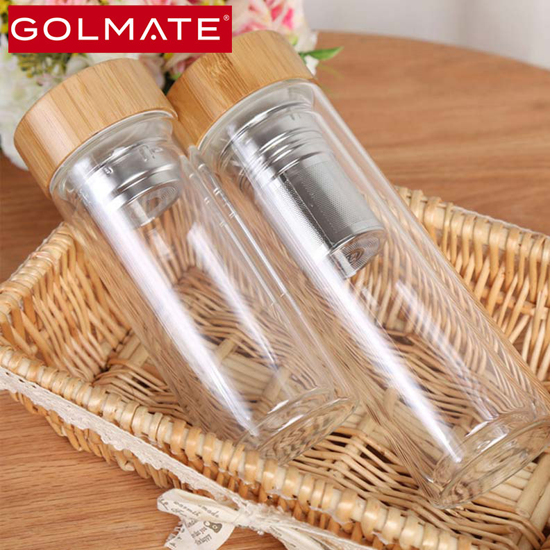 500ml Double Walled Borosilicate Glass Bamboo Lid Tea Infuser Water Bottle