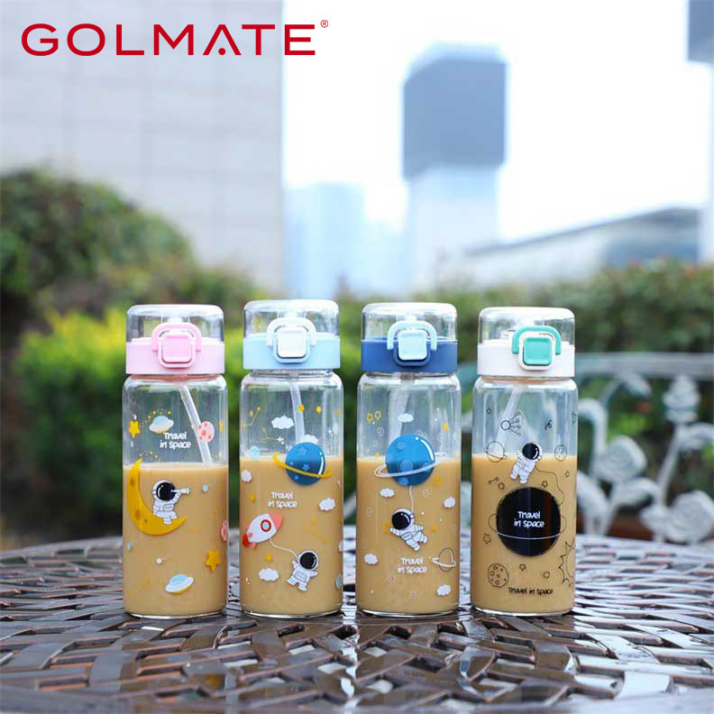 Cute Cartoon Single-walled Borosilicate Glass Water Bottle With Straw Lid