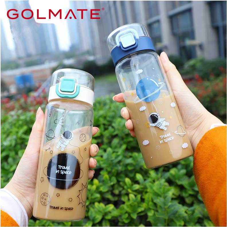 Cute Cartoon Single-walled Borosilicate Glass Water Bottle With Straw Lid