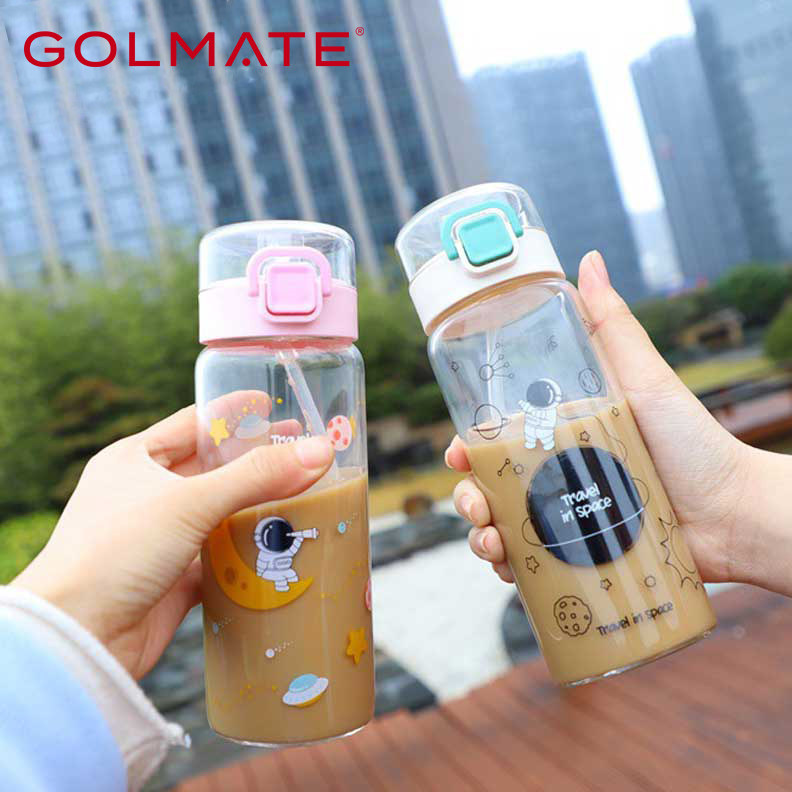 Cute Cartoon Single-walled Borosilicate Glass Water Bottle With Straw Lid