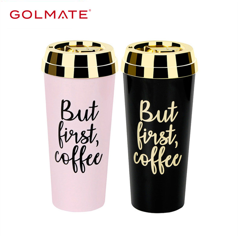 Leakproof Double Wall Gold And Black Plastic Custom Mug Novelty Plastic Coffee Mug