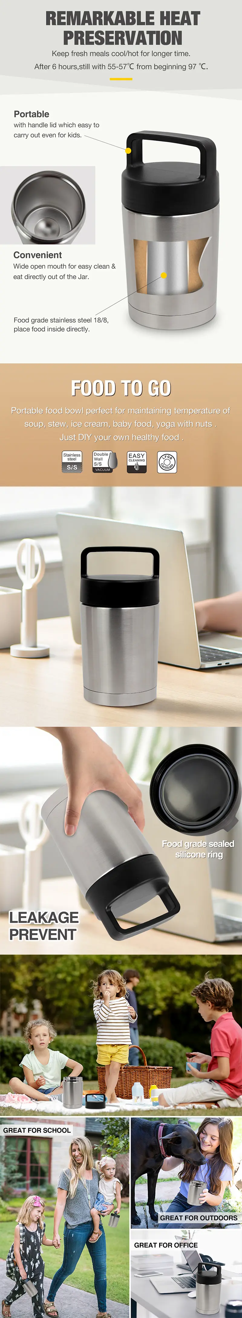 Features of Portable Wide-mouth Stainless Steel Food Container with Handle Lid