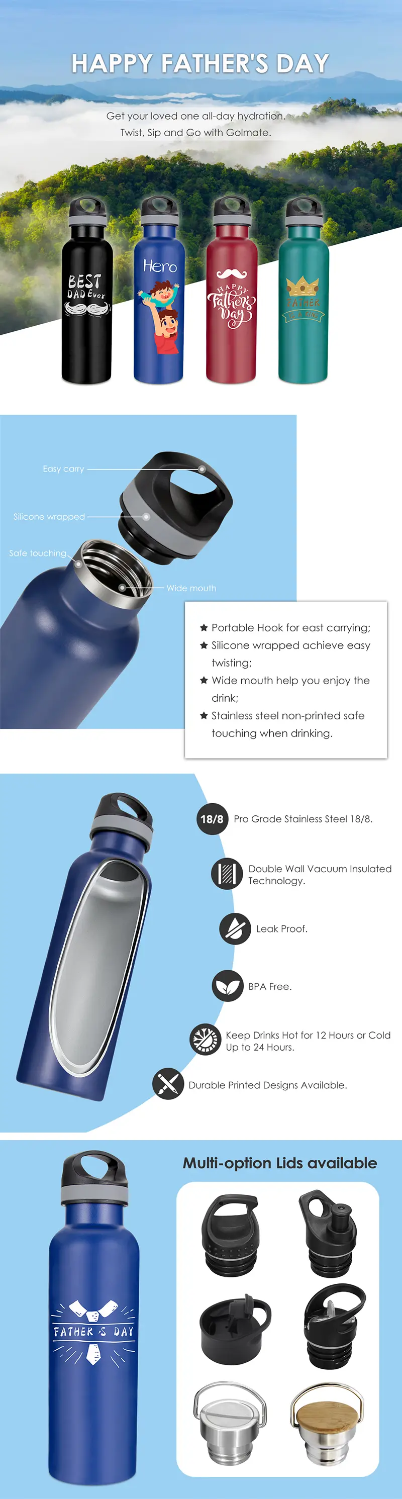 Features of Golmate Custom 750ml Stainless Steel Sport Water Bottle with Carabiner Lid