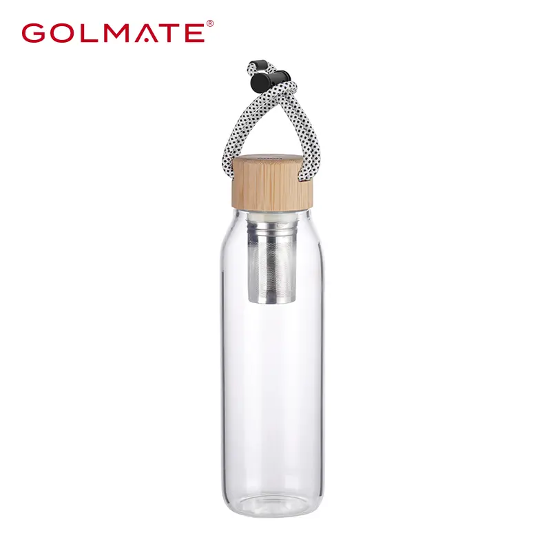 Golmate 640ml Bamboo Lid Glass Water Bottle with Tea Infuser    