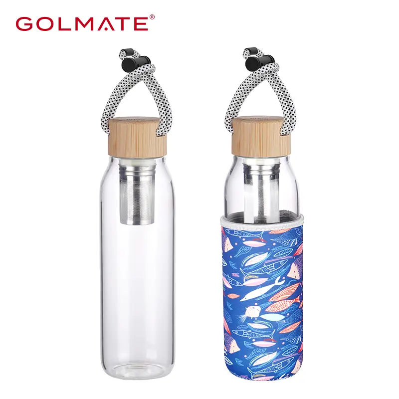 Golmate 640ml Bamboo Lid Glass Water Bottle with Tea Infuser    