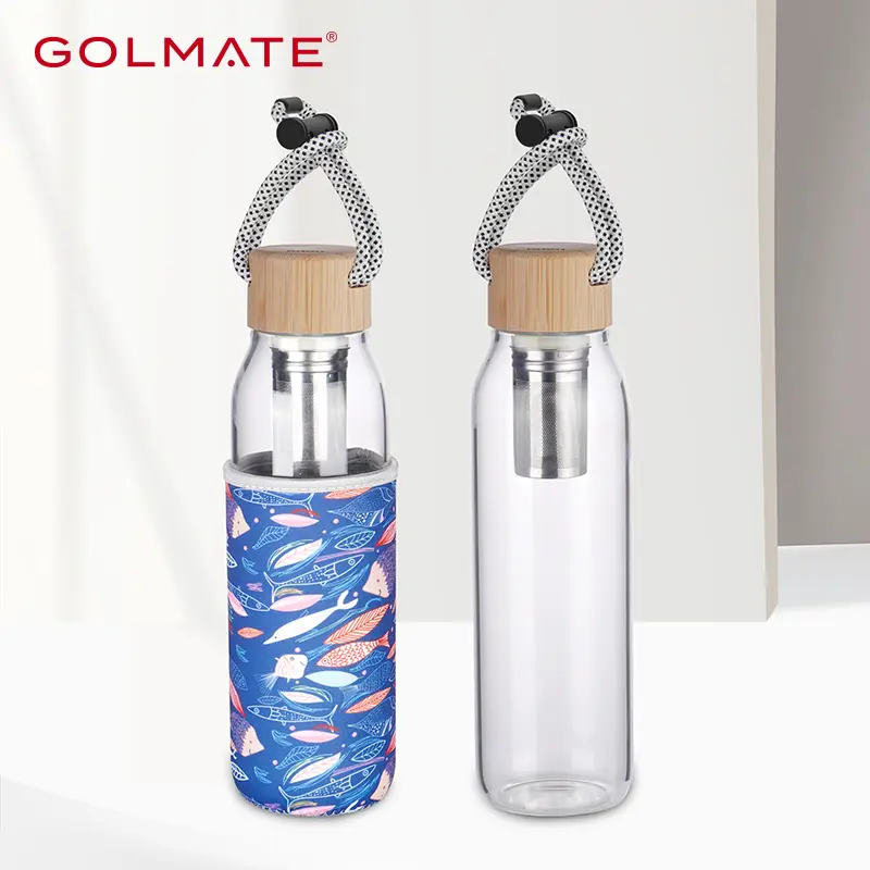 Golmate 640ml Bamboo Lid Glass Water Bottle with Tea Infuser    